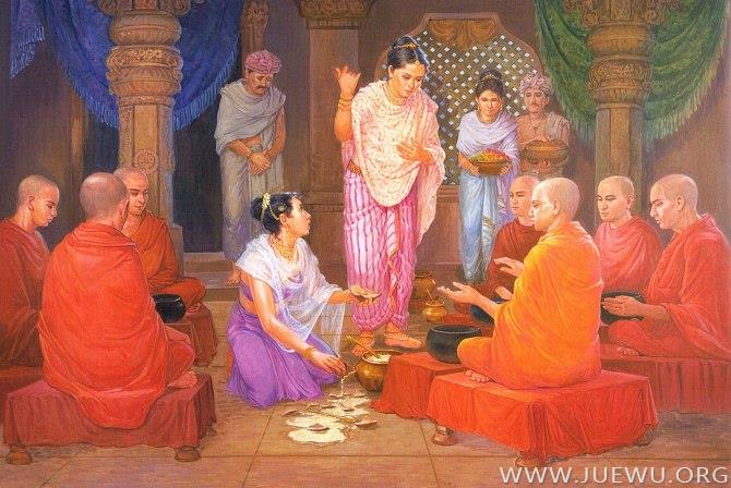 布施佛陀而当生得到成为王后的机缘，后来成为僧团的著名施主之一